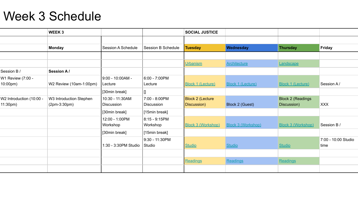 Week 3 schedule — color-coded blocks