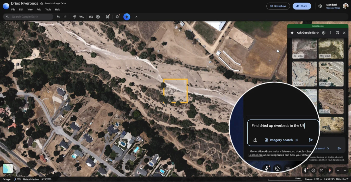 Imagery Search UI — dried riverbeds and algae blooms detected via natural language